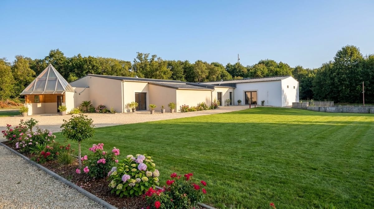 Le bâtiment bordé par sa grande pelouse, en lisière de bois